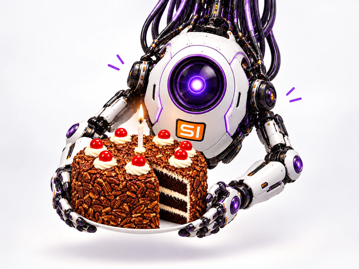 Robotic Violet presenting a chocolate pecan cake with red cherries and a lit candle